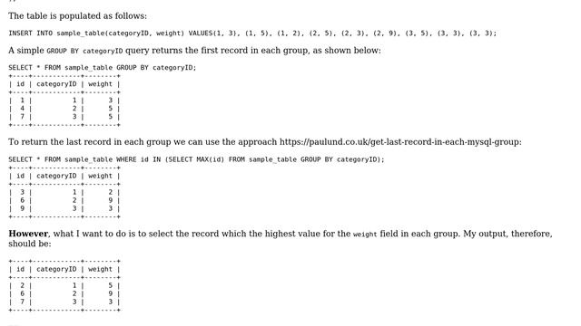 Databases: MySQL query to select a record from each group that meets a user-defined criterion смотреть онлайн