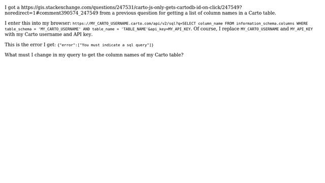 GIS: Sending carto a SQL API request for column names returns error смотреть онлайн