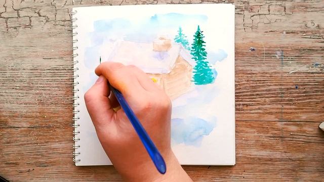 Как нарисовать ДОМ В ЗИМНЕМ ЛЕСУ | Зимний пейзаж красками | Простые рисунки акварелью смотреть онлайн