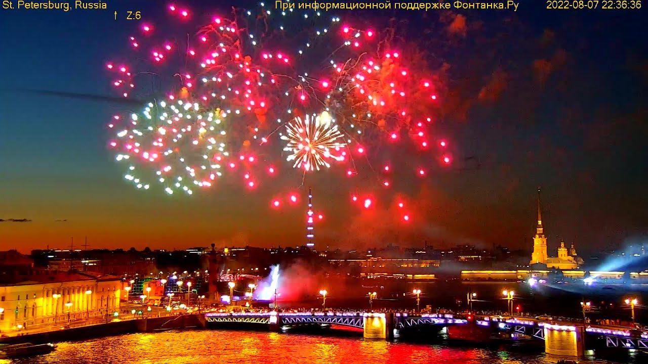Фейерверк на стрелке Васильевского острова на фоне Петропавловской крепости в Санкт-Петербурге смотреть онлайн