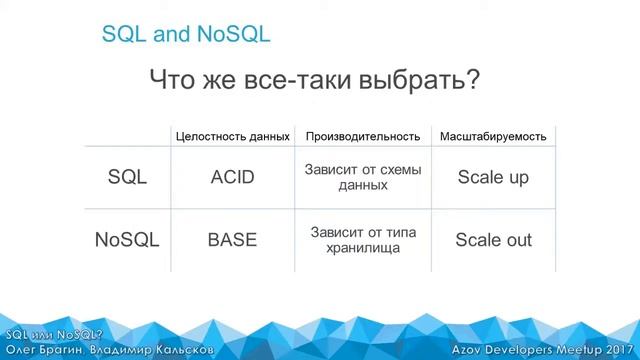 SQL или NoSQL? | Олег Брагин, Владимир Кальсков | AzovDevMeetup 2017 смотреть онлайн