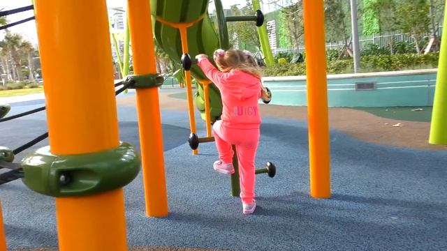 Little girl Diana have fun playing on the Outdoor playground, Kids video смотреть онлайн