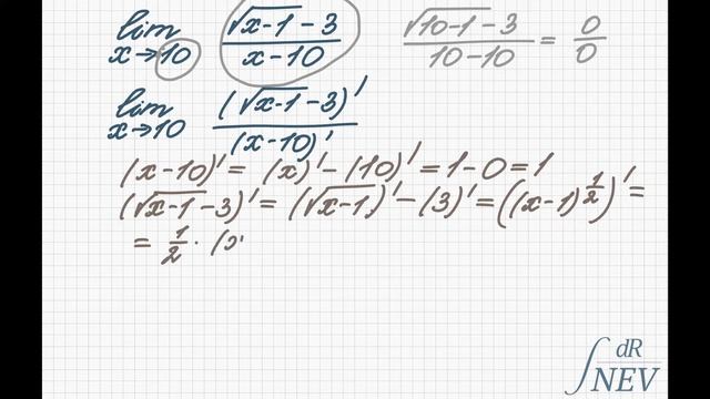 Как найти предел функции ((x-1)^(1/2)-3)/(x-10) при x, стремящемся к 10, используя правило Лопиталя смотреть онлайн