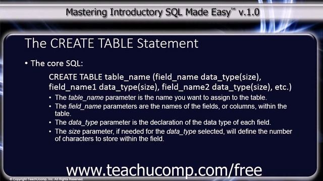 SQL Training - Structured Query Language Tutorial - The CREATE TABLE Statement Lesson смотреть онлайн