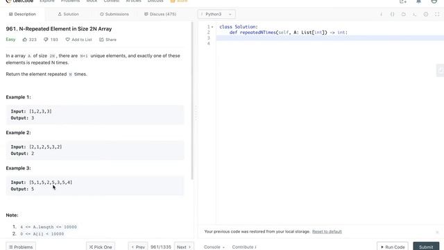 Leetcode 961. N-Repeated Element in Size 2N Array Python смотреть онлайн