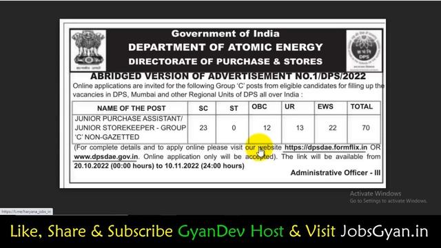 DPS DAE Recruitment 2022 Notification | DAE Junior Purchase Assistant/ Storekeeper Vacancy 2022 смотреть онлайн
