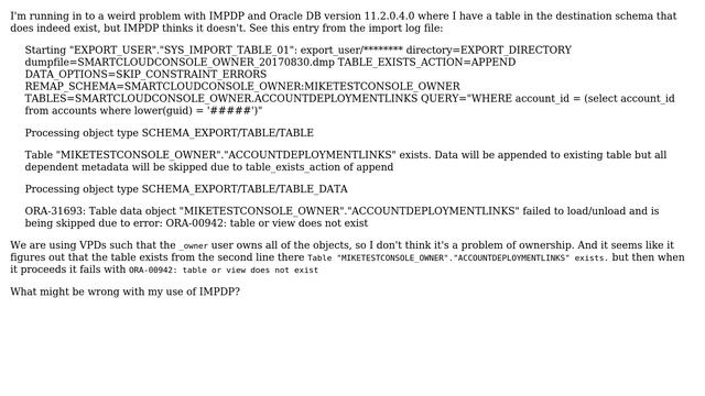 Databases: Oracle 11 IMPDP Table Exists but gets Does Not Exist Error смотреть онлайн