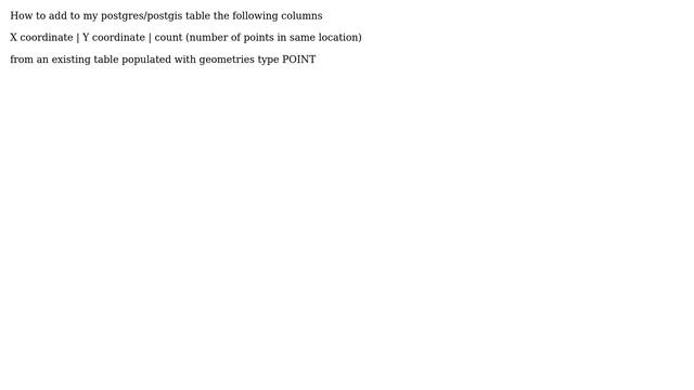 GIS: How to add X/Y coordinates and count of overlapping points in a postgresql table? смотреть онлайн