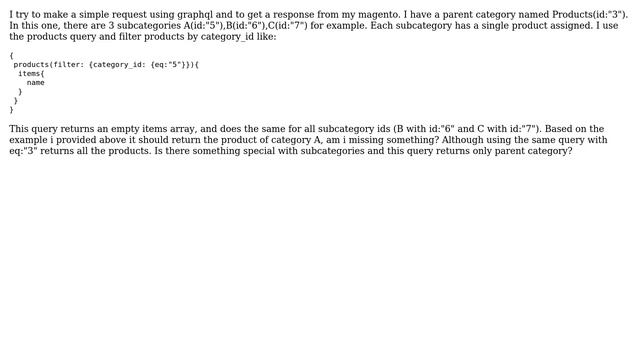 Magento: Using GraphQL query and filtering products by category_id, I get empty items array смотреть онлайн