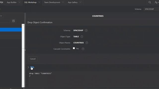 Oracle Apex 19.1 -  Delete A Table (Drop)