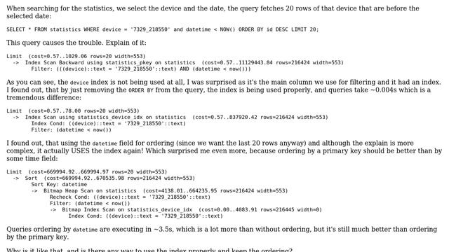 Databases: PostgreSQL not using varchar index when ordering by primary key смотреть онлайн
