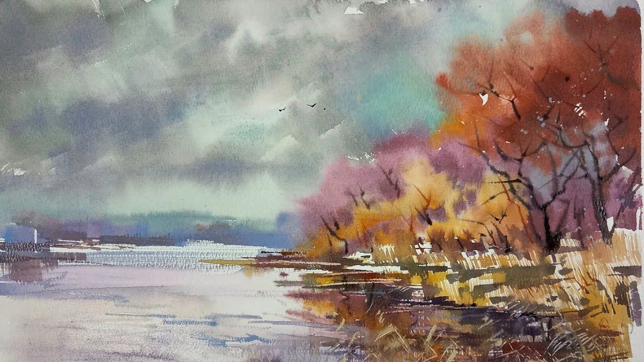 Поздняя осень, заморозки, быстрый этюд акварелью смотреть онлайн