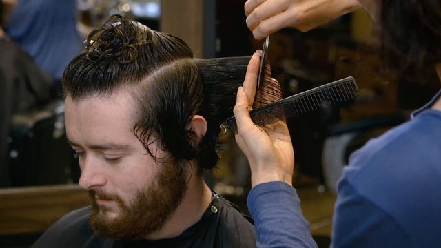 Longer Men's Haircut For Curly Hair With Scissors