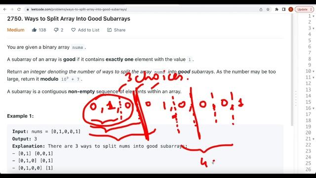 Leetcode 2750 Ways to Split Array Into Good Subarrays смотреть онлайн