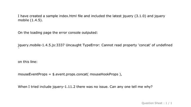 jQuery : jquery.mobile 1.4.5 Uncaught TypeError: Cannot read property 'concat' of undefined смотреть онлайн