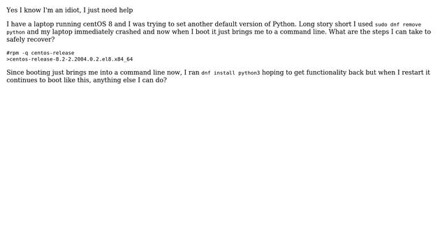 DevOps & SysAdmins: CentOS 8 - uninstalled python, How to recover laptop? смотреть онлайн
