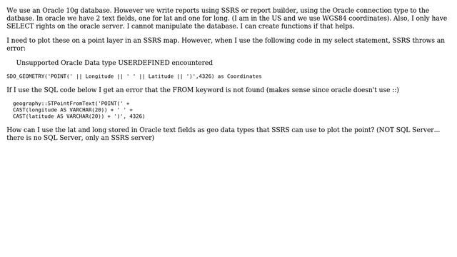 GIS: Plotting lat/long stored as text in Oracle DB using report builder/SSRS r2? (2 Solutions!!) смотреть онлайн