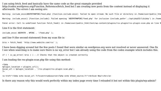 Wordpress: fetch_feed function works on template index.php but not in plugin/wp-admin смотреть онлайн