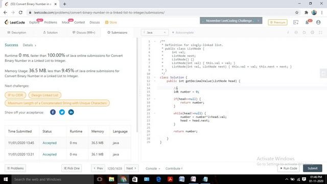 Convert Binary Number in a Linked List to Integer - LeetCode 1290 смотреть онлайн