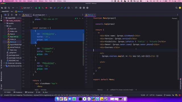 React. Props. Передаем массив. События на элементах списка смотреть онлайн