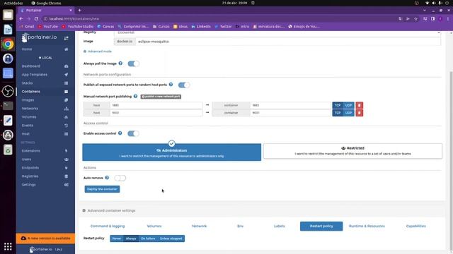 Instalar MQQT MOSQUITTO En Docker Portainer