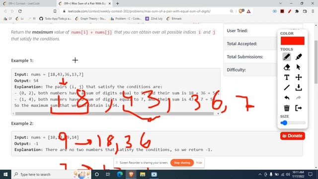 2342 Max Sum of a Pair With Equal Sum of Digits Leetcode | Leetcode Weekly Contest 302 смотреть онлайн