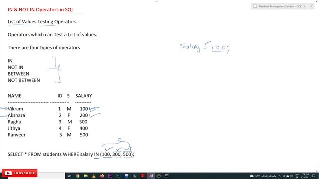 IN and NOT IN Operators in SQL || Lesson 52 || DBMS || Learning Monkey || смотреть онлайн
