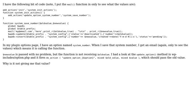 Wordpress: update_option_{$option} not showing old value смотреть онлайн