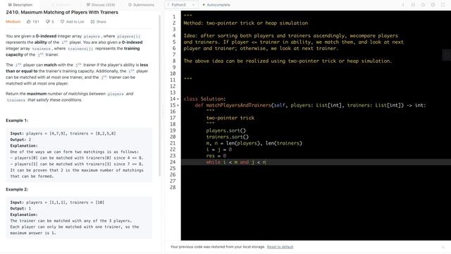 leetcode 2410. Maximum Matching of Players With Trainers - two-pointer trick or heap simulation смотреть онлайн