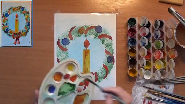 Как нарисовать рождественский венок. Легко. Для детей. Гуашь смотреть онлайн