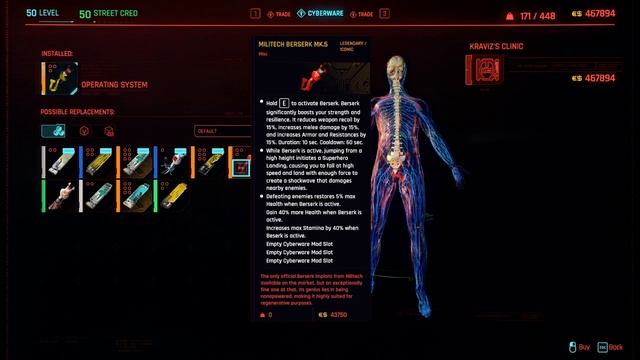 Legendary Iconic Militech Berserk MK.5 Cyberpunk 2077 Cyberware Location