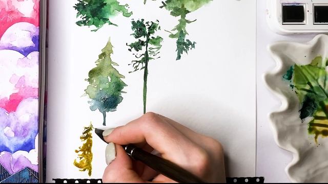 Рисуем хвойные деревья акварелью #watercolortechniques #paintingforbeginners