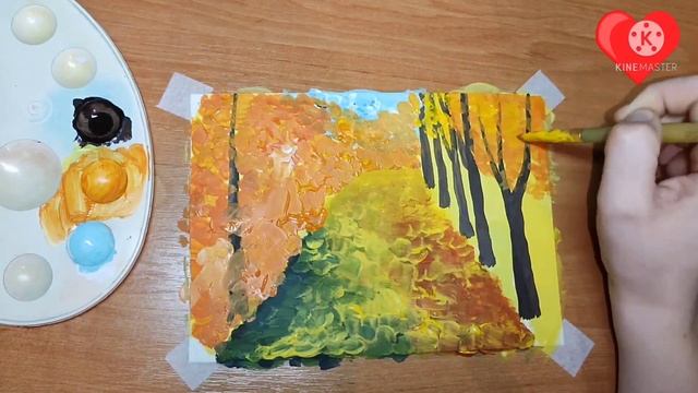 Рисуем осенний пейзаж гуашью | Как нарисовать осенний лес | Осень | Рисуем очень просто и красиво смотреть онлайн