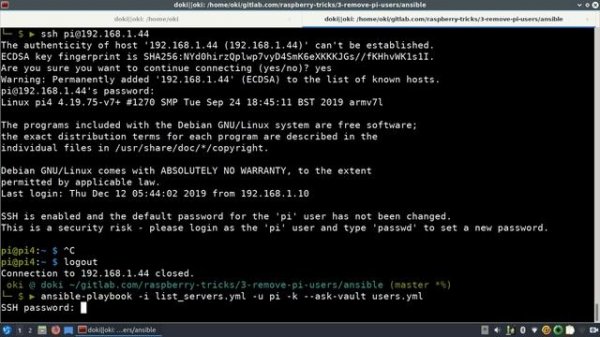 Raspberry Pi - 3. Ansible : suppression du user Pi et roles