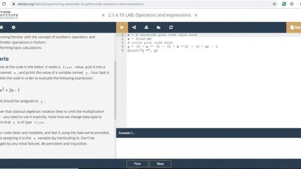 Python Essentials 2.1.4.10 Lab Operators and Expressions