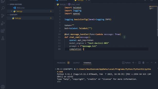 ChatGPT Telegram-botni Pythonda 15 minutda yaratamiz 1-qism || ChatGPT OpenAI в Telegram на Python смотреть онлайн