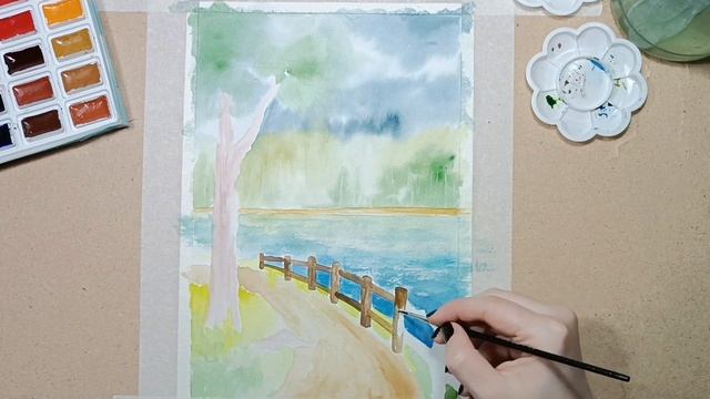 Как нарисовать пейзаж акварелью с озером, заборчиком и деревом смотреть онлайн