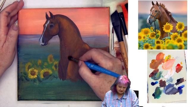 HORSE  In SUNFLOWERS 🐴 🌼🐴 Realistic Acrylic Painting Tutorial Step By Step   #AcrylicTutorial