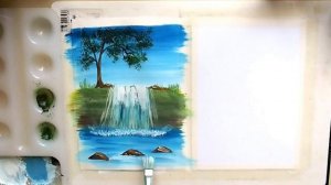 Как нарисовать Водопад. Рисуем водопад гуашью. Пейзаж с водопадом.