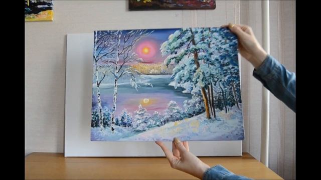 Картина Зима Закат Озеро маслом смотреть онлайн