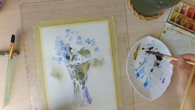 Легкий букетик акварелью. Рисуем незабудки с натуры. смотреть онлайн