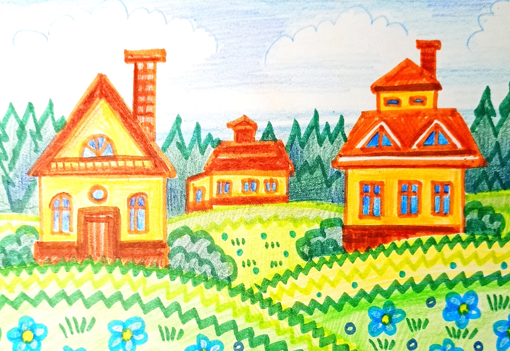 Три желтых дома. Рисунок маркерами и цветными карандашами. смотреть онлайн