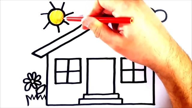 HOW TO DRAW A HOUSE - DRAWING A HOUSE, CLOUD, SUN AND FLOWER EASY STEP BY STEP - ระบายสีและวาดภาพ смотреть онлайн