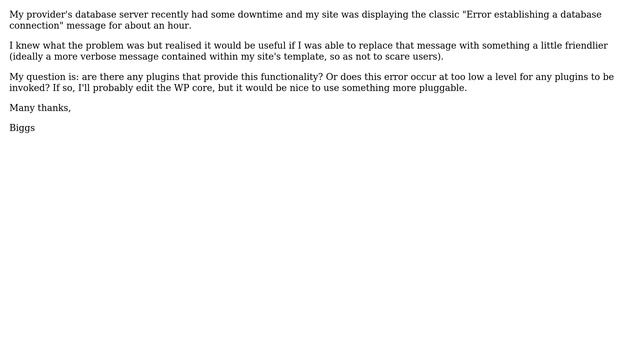 Is there a plugin that will override the "Error establishing a database connection" message? смотреть онлайн