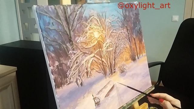 Как нарисовать снег, зимний парк, скамейку, светящийся фонарь маслом видео урок Ч 2. Окси лайт Арт смотреть онлайн