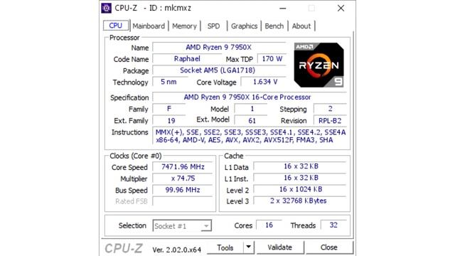 The AMD Ryzen 9 7950X processor has a frequency of 7472 MHz смотреть онлайн