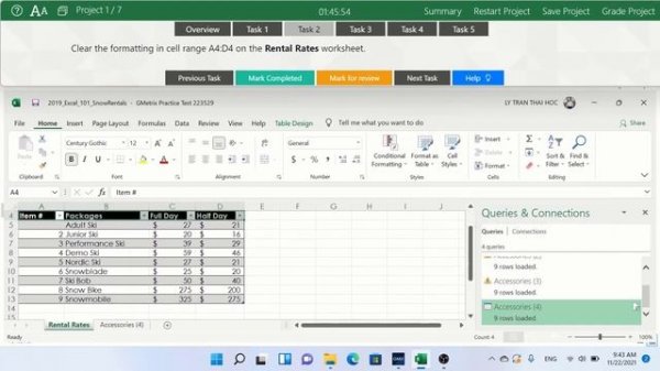 GMetrix - MOS Excel 2019 Associate Exam 1 - Project 1: Snow Rentals
