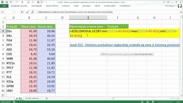 excel-536 - Któremu produktowi najbardziej zmieniła się cena (formuła tablicowa) смотреть онлайн