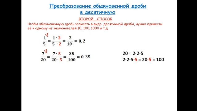 Запись обыкновенной дроби в виде десятичной