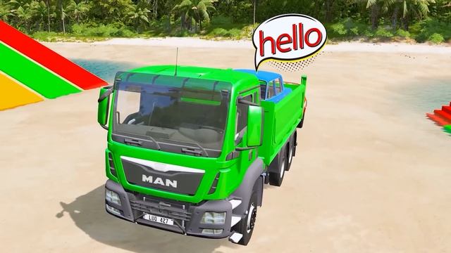 Flatbed Trailer Truck Car Rescue Bus Monster Trucks - Cars vs Trains - Cars vs Deep Water - BeamNG смотреть онлайн